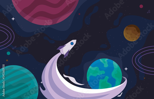 Rocket Outer Space Craft Planet Stars Adventure Illustration