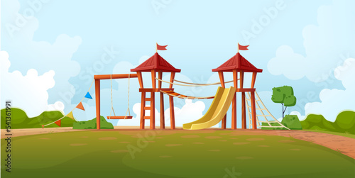 Isolated on white background. Cartoon style green fiels with kids outside playground with slides, swings and castle.
