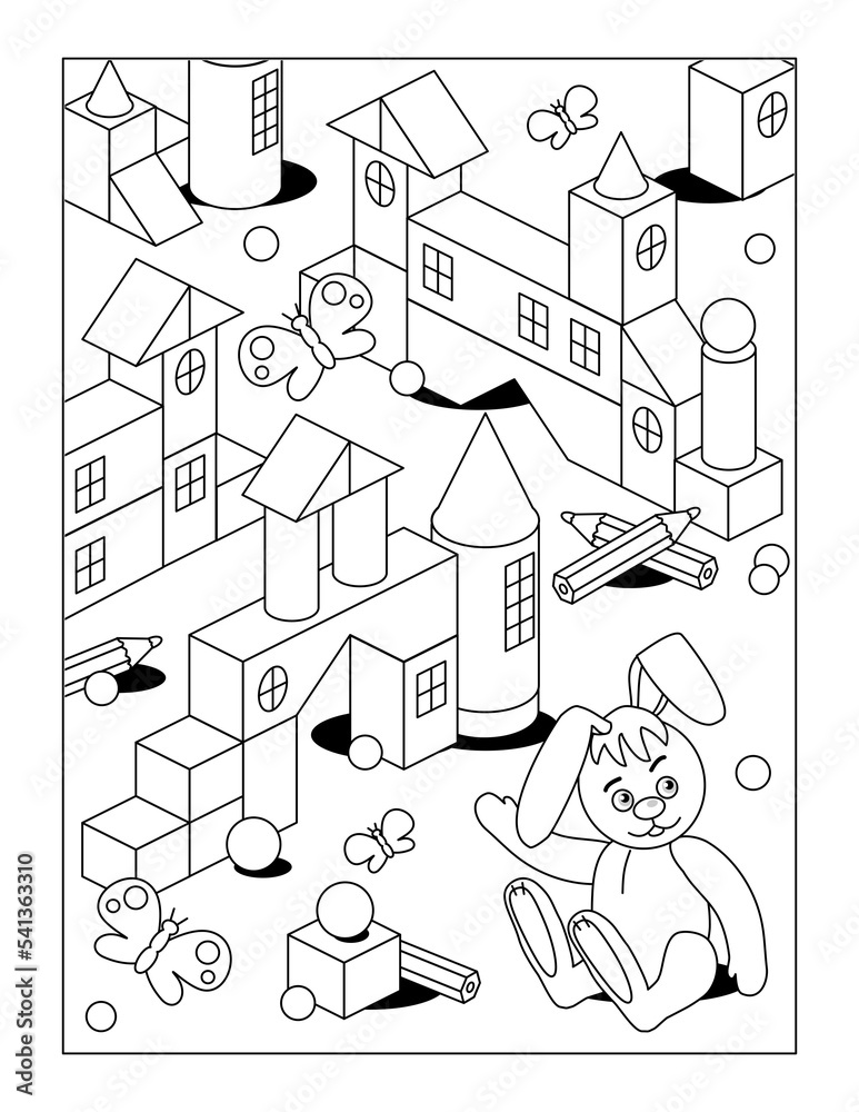 Building blocks toy town with retro stuffed hare coloring page
