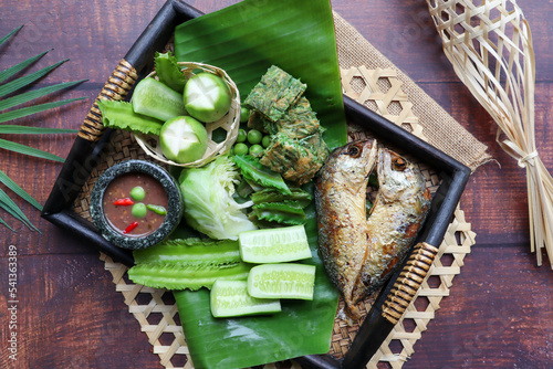 Thai Chili shrimp paste with vegetables and fried mackerel  - Thai food called Nam Prik Kapi at top view