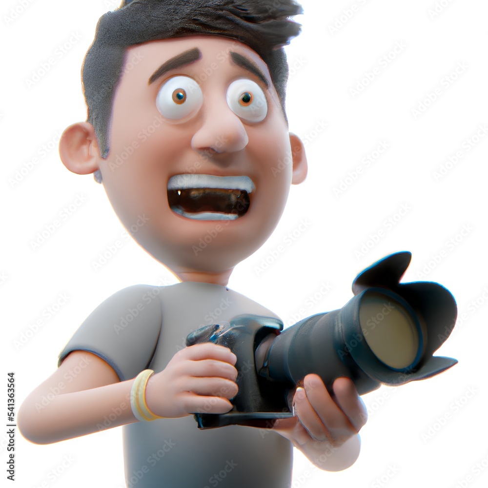 a 3d character man holding camera, 3d asset character, 3d render man