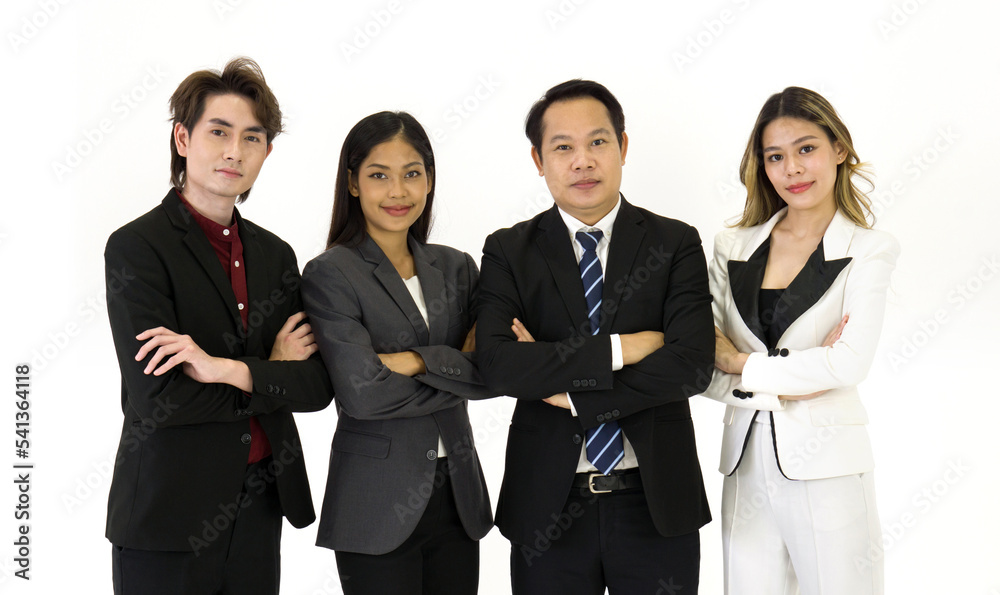 Team of successful business people in suit standing together with arms crossed. Portrait on white background with studio light. Team of successful business people in suit standing together with arms crossed. Portrait on white background with studio light.