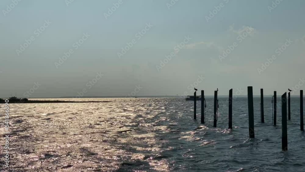 A breathtaking sunset over the water, where shimmering waves reflect a reddish glow under a clear bluish sky, silhouetting boats and wooden pilings with perched cranes.
