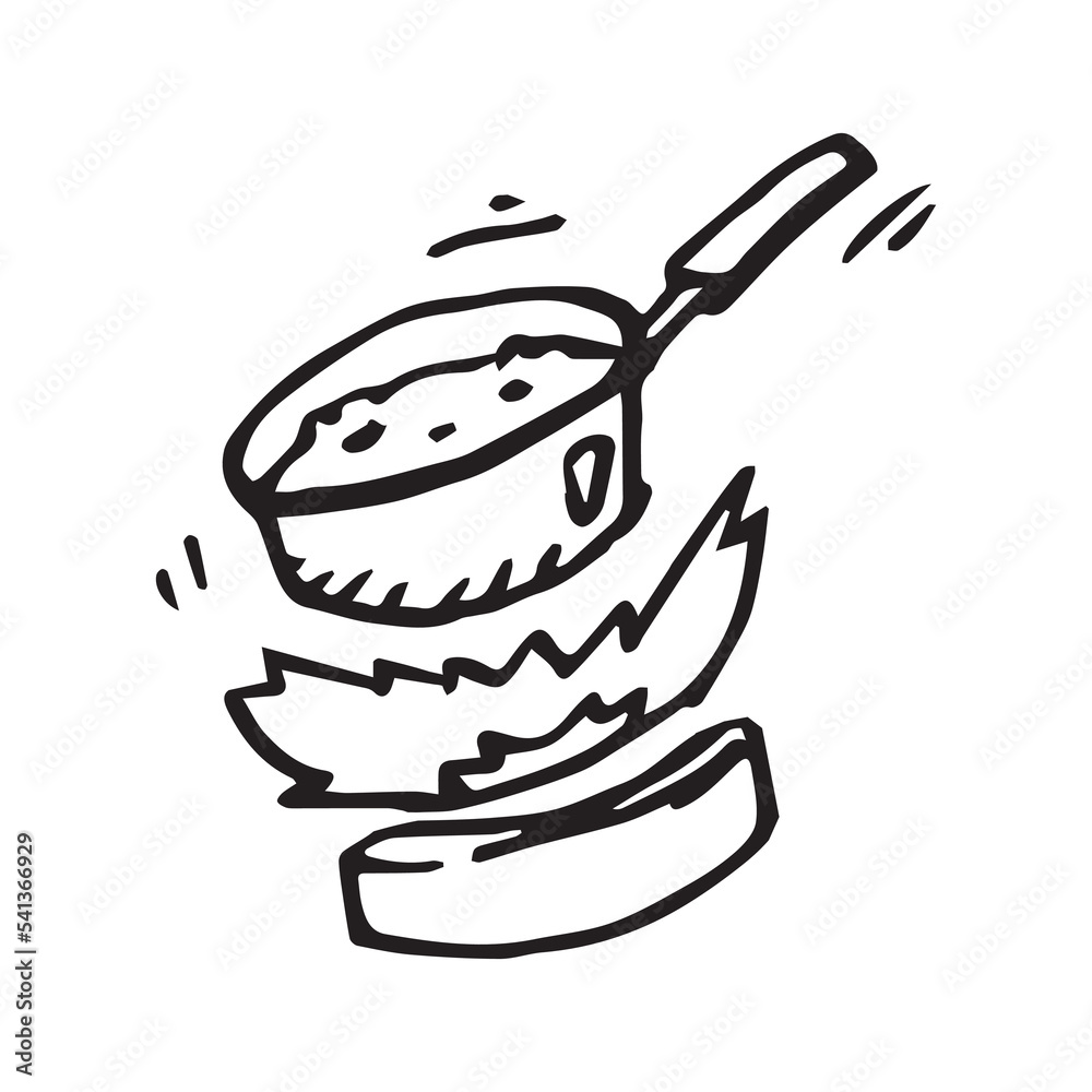 black and white pot or pan and gas stove cartoon object, vector doodle ...