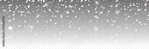 Realistic falling snowflakes. Isolated on transparent background. Vector illustration panorama view