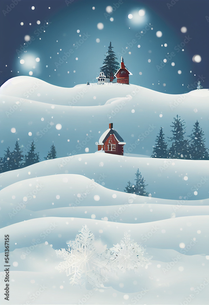 Winter Landscape Graphic design. Wallpaper background for Cover Poster Card. Falling snow and Christmas tree. Beautiful Christmas and New Year.