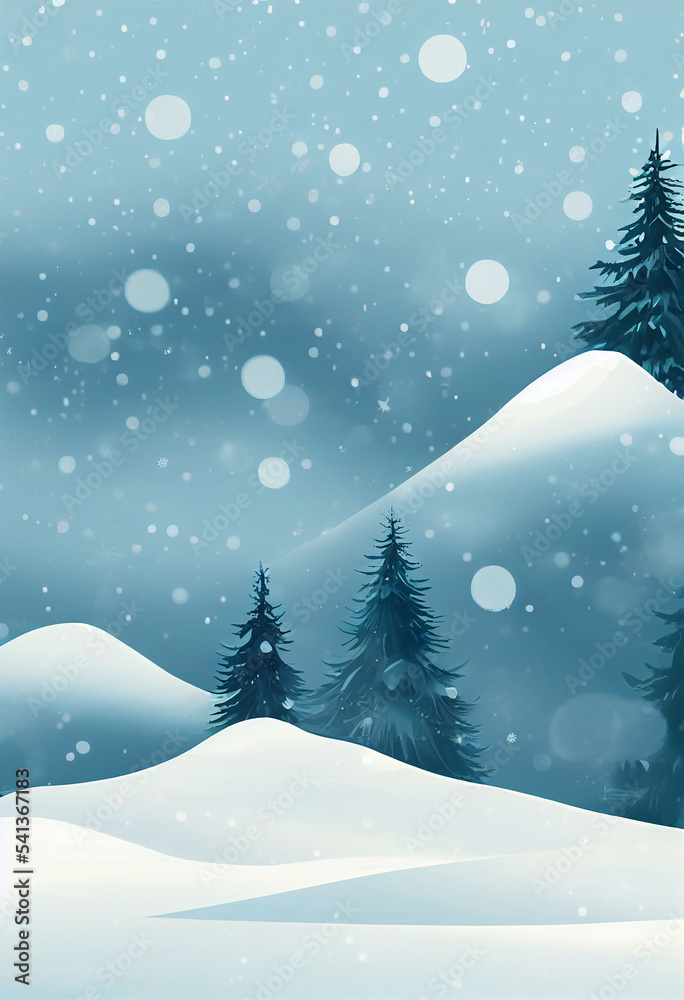 Winter Landscape Graphic design. Wallpaper background for Cover Poster Card. Falling snow and Christmas tree. Beautiful Christmas and New Year.