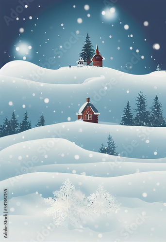 Winter Landscape Graphic design. Wallpaper background for Cover Poster Card. Falling snow and Christmas tree. Beautiful Christmas and New Year. © roeum