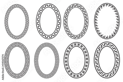 Greek key oval frame set. Circle borders with meander ornaments. Ellipse ancient designs. Vector