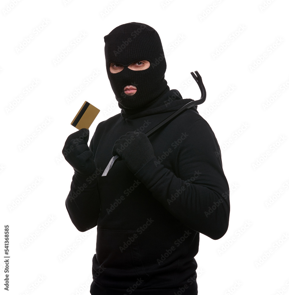 Thief in mask with crowbar and credit card on white background Thief in mask with crowbar and credit card on white background