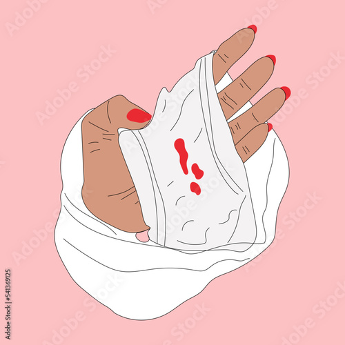 A hand holds panties with menstrual blood. Vector. Girl power