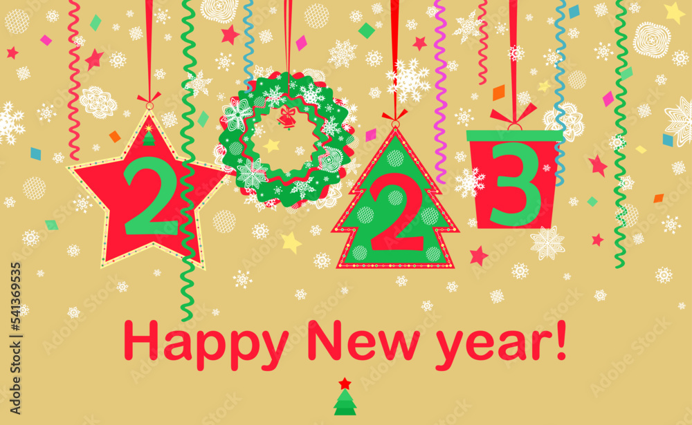 Naklejka premium Golden banner with red green hanging cut out decoration with paper fir, wreath, gift box, star and colorful streamer for 2023 New year greeting and winter holidays
