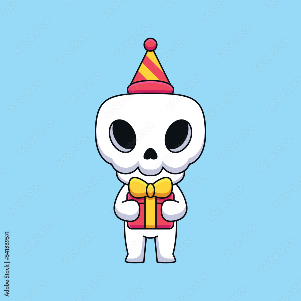 Fototapeta premium cute birthday skull cartoon mascot doodle art hand drawn concept vector kawaii icon illustration