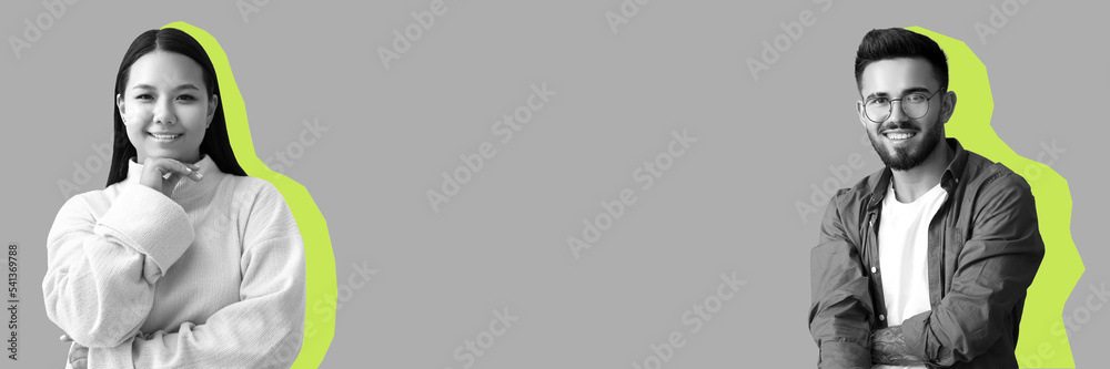 Collage of happy young people on grey background with space for text