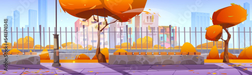 Autumn city street with yellow foliage on trees, benches and metal fence along river, town buildings on background. Cartoon vector illustration of empty public garden, orange leaves flying in air