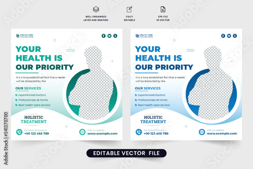 Medical service social media post vector with green and blue colors. Health care service promotional template vector for clinics and hospitals. Health care template design with photo placeholers.