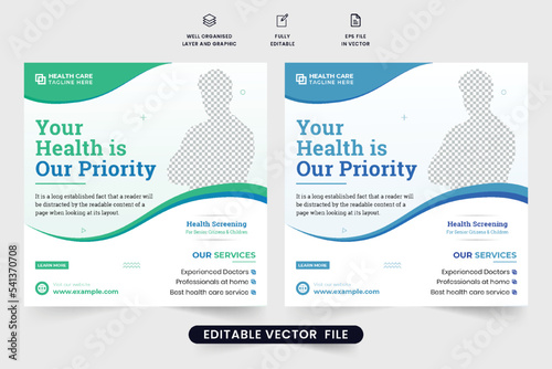 Medical treatment and healthcare template vector with photo placeholders. Modern clinical service social media post design with green and blue colors. Hospital doctor promotional web banner vector.