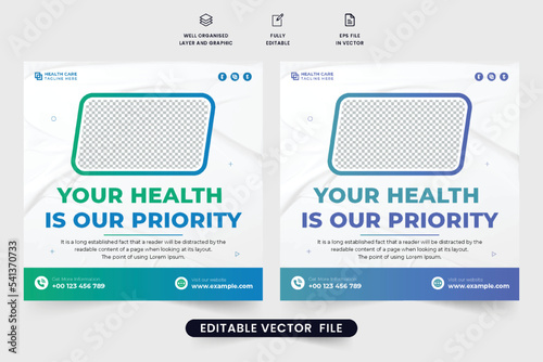 Creative medical service social media post vector with green and blue colors. Special hospital treatment advertisement poster design for marketing. Healthcare service promotional template vector.