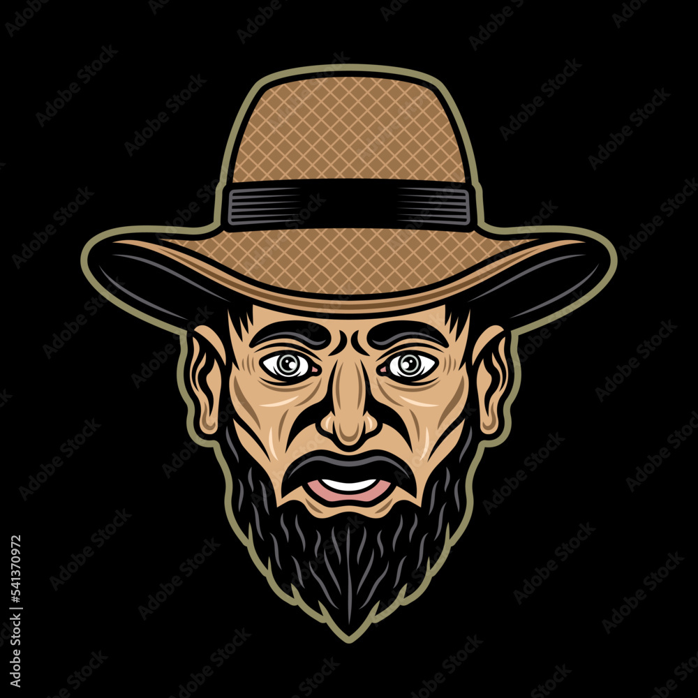 Farmer head in straw hat with mustache beard vector illustration in colored style on dark background