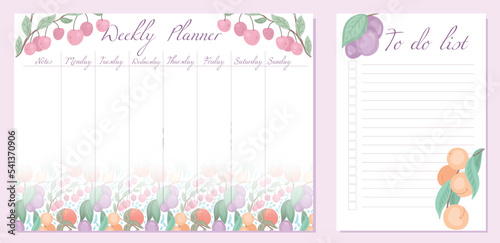 Vector set of tender child day organization templates with berry pattern. Weekly planner and to do list with peach, plum and cherry.