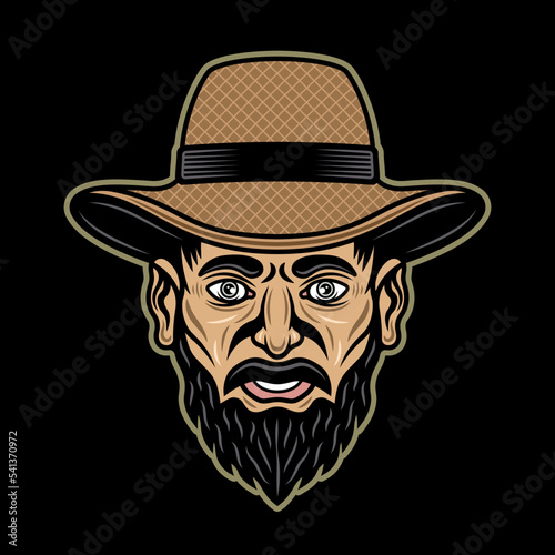 Farmer head in straw hat with mustache beard vector illustration in colored style on dark background