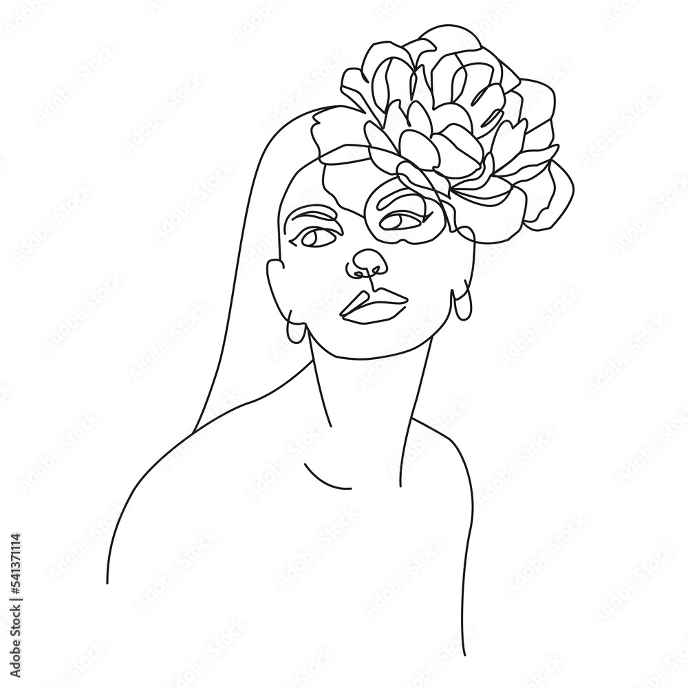 Woman Abstract Face with Flowers One Line Drawing. Female Portrait ...
