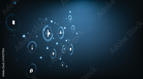 Medical Innovation Concept.Healthcare and Science Icon on dark blue background.