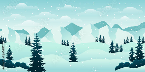 gradient winter landscape illustration with mountain and tree