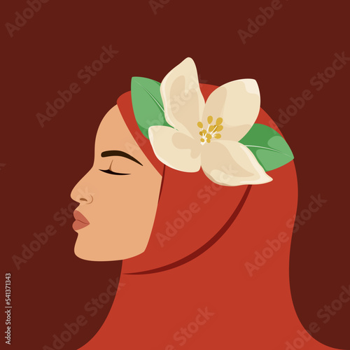 Portrait of a Muslim woman in hijab. Profile. Vector illustration.