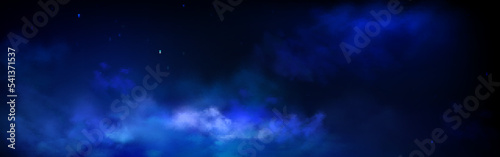 Night cloudy sky with stars, dark starry heaven with moonlight reflecting on clouds. Midnight dusk panoramic background, far universe, deep space mystery landscape, Realistic vector illustration