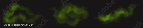 Set of green smoke clouds isolated on black background. Realistic vector illustration of bad smell, chemical toxic gas, mist over magic poisonous potion, stinky steam. Realistic vector illustration