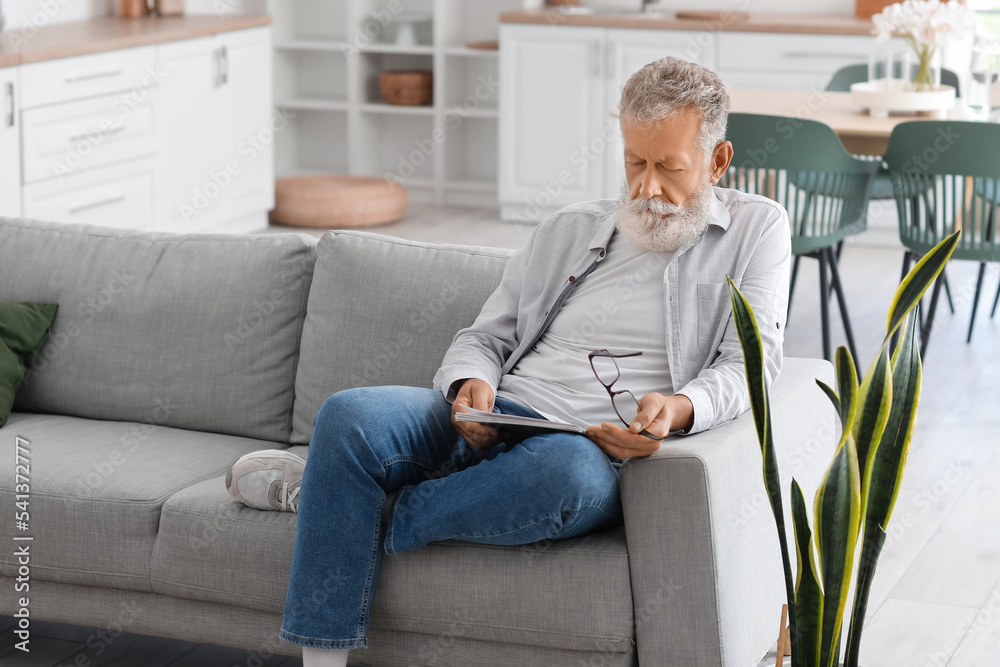 Senior bearded man reading magazine on sofa in kitchen Senior bearded man reading magazine on sofa in kitchen