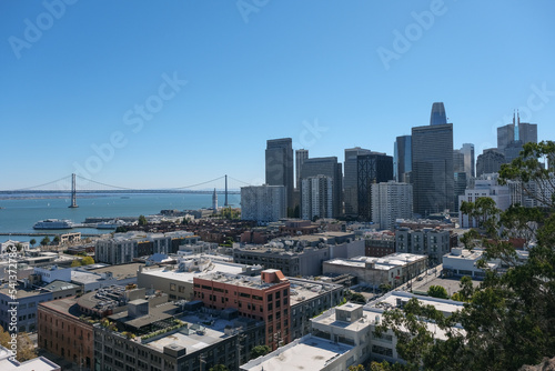 Panoramic scenic aerial view over San Francisco Bay Area with Golden Gate Bridge, downtown skyline cityscape and Alcatraz island sailing boats yachts harbor landmark sights Tower scenery © Tamme