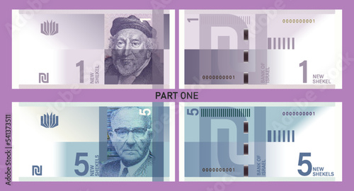 Israel play money vector set with portraits. Banknotes of 1 and 5 new shekels. Part one