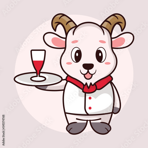 Cute baby goat cartoon butler wine