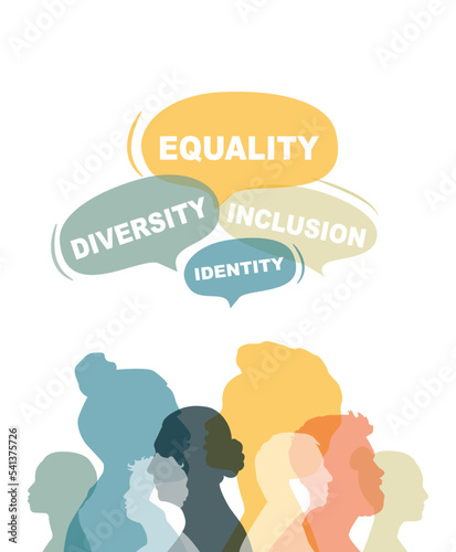 Diversity, Equality, Inclusion and Identity banner. People stand side by side together.
