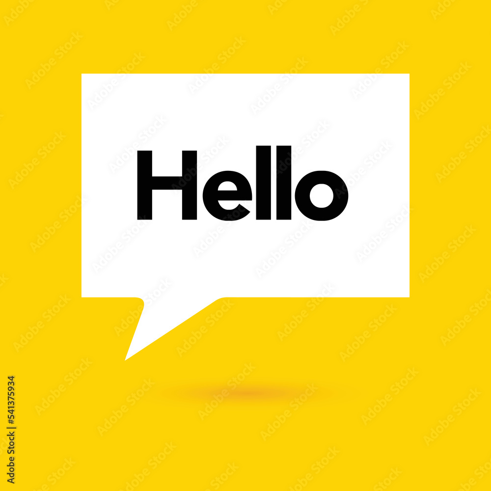 Hi, hello icon. Speech bubble, poster and sticker concept with tex, funny sign. White bubble message on bright yellow background. Vector illustration isolated design. EPS 10.
