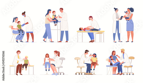 Patients on reception at doctors of narrow specialization and pediatrician. Diagnosis of children's health. In physician's office for medical examination. Vector characters flat cartoon illustrations. photo