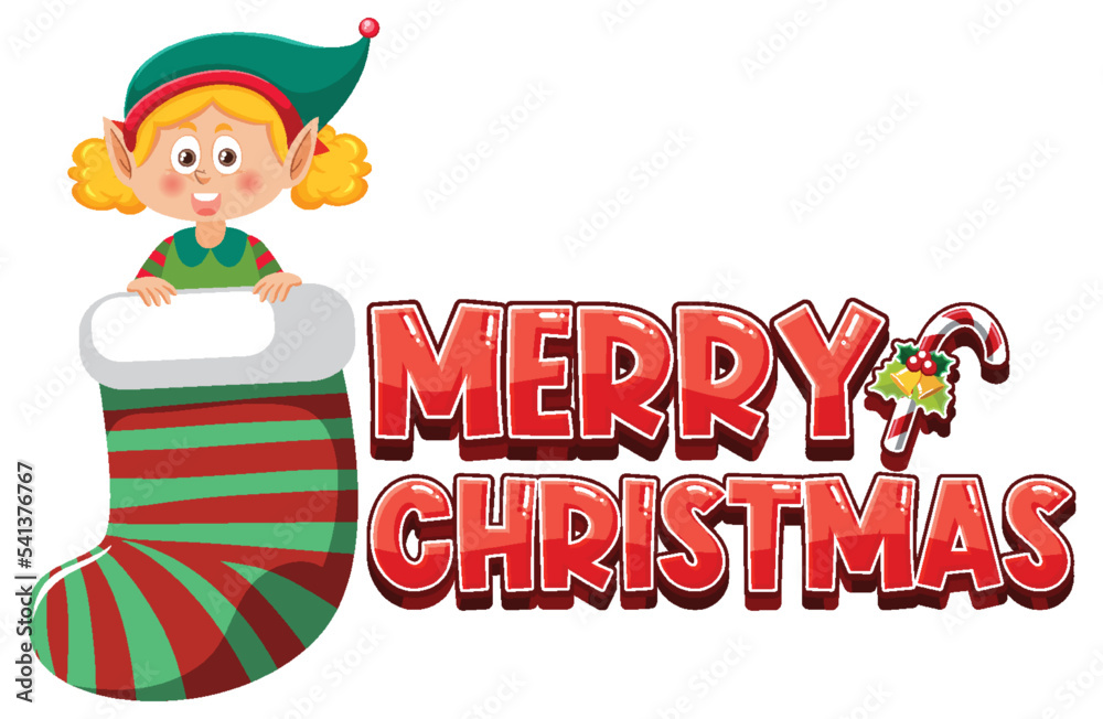 Merry Christmas text with elf in sock Merry Christmas text with elf in sock