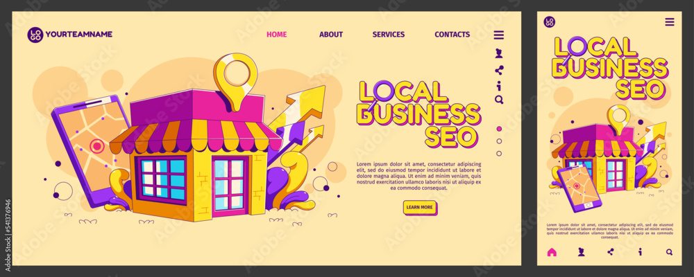 Local business SEO landing page template. Website optimization services for small company, shop sales or startup project development. Contemporary vector design of computer and mobile app versions