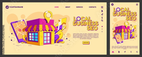 Local business SEO landing page template. Website optimization services for small company, shop sales or startup project development. Contemporary vector design of computer and mobile app versions