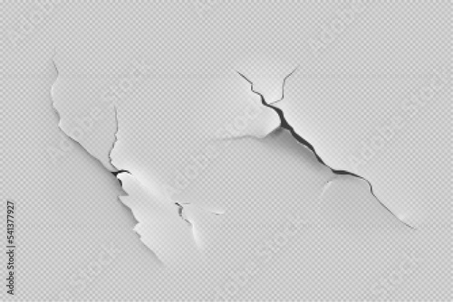 Grunge texture of peeling old paint, cracks in torn paper sheet. Break effect, fissure with ragged edges isolated on transparent background, vector realistic 3d illustration