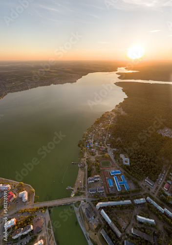 Votkinsk, Russia. City pond. Panorama of the city. Sunset time. aerial view photo