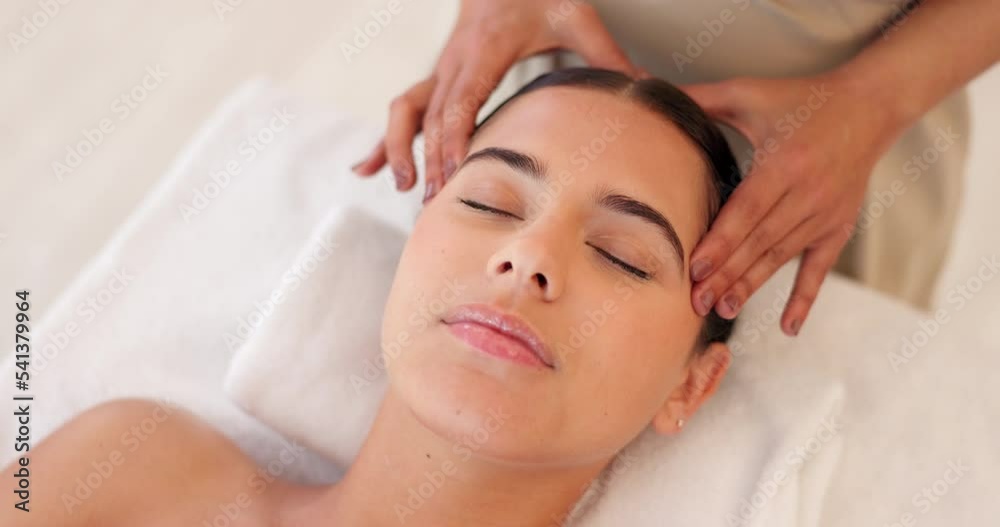Spa, head massage and calm woman enjoying a relaxing treatment in a wellness, health and beauty center. Relax, peace and therapist doing relaxation therapy for a girl at a luxury natural salon. Spa, head massage and calm woman enjoying a relaxing treatment in a wellness, health and beauty center. Relax, peace and therapist doing relaxation therapy for a girl at a luxury natural salon.