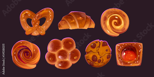 Bread, bakery, fresh pastry isolated set. Croissant, bun, cinnabon and chocolate cookie with pretzel confectionery sweet dessert, baked food, patisserie production menu, Cartoon vector illustration