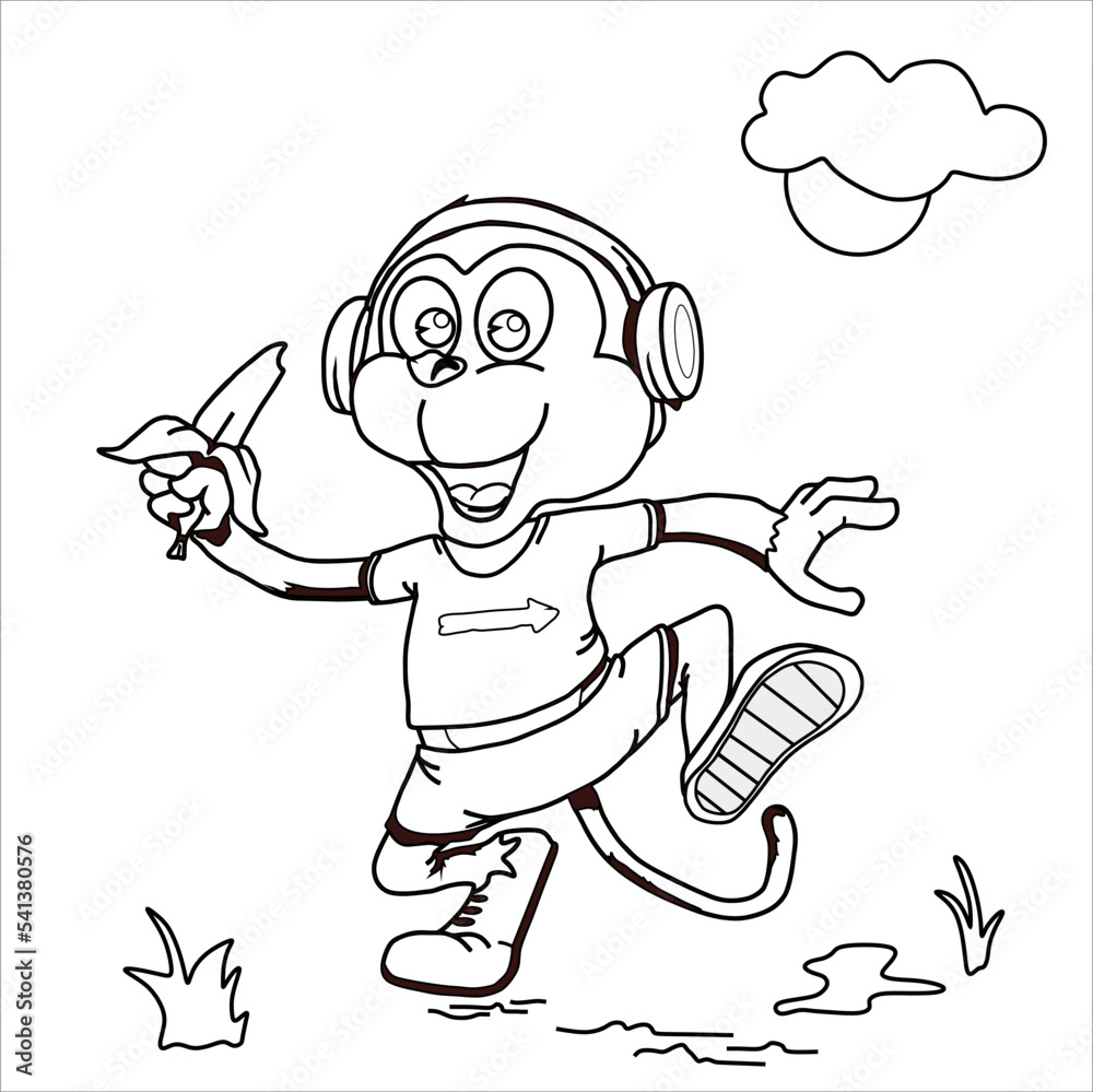 Coloring page outline of cartoon smiling cute monkey holding banana. 