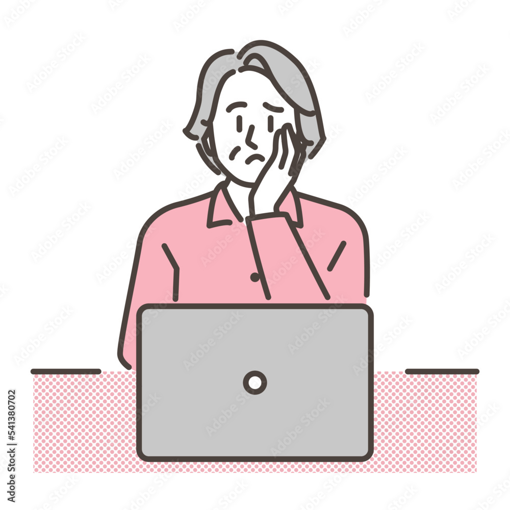 Senior woman looking at laptop computer with troubled or distressed expression [Vector illustration].