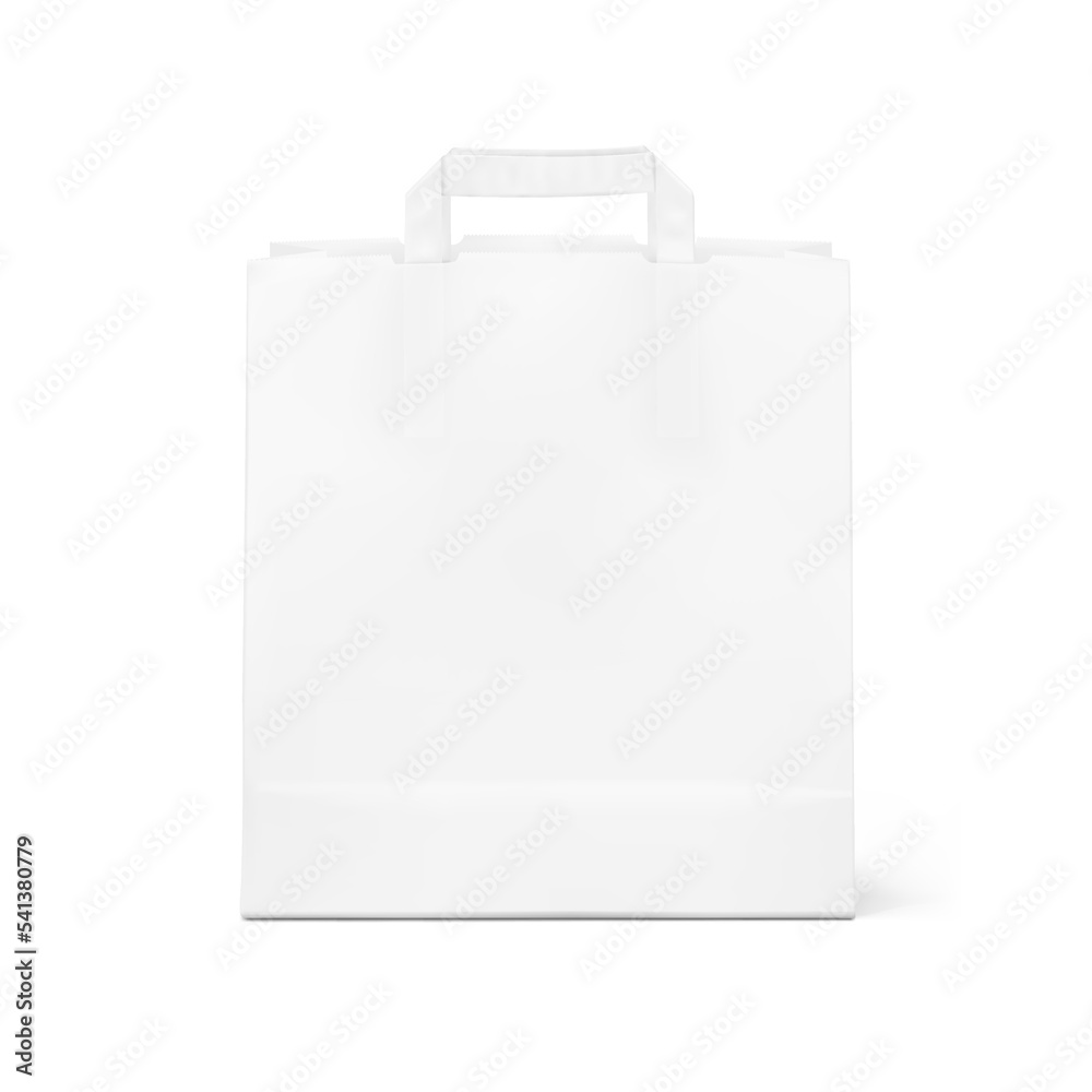 White paper bag with flat handles mockup. Vector illustration isolated on white background. Ready for your design. Suite for the presentation of foods, fillers, grocery bag, etc. EPS10. White paper bag with flat handles mockup. Vector illustration isolated on white background. Ready for your design. Suite for the presentation of foods, fillers, grocery bag, etc. EPS10.