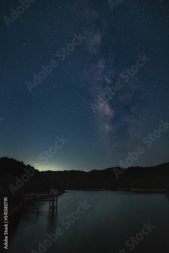 Vertical shot of the Milkyway over Luoshan Water Dam, Jiujiang, China photo