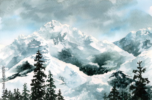 Mountains at winter. Watercolor on paper.
